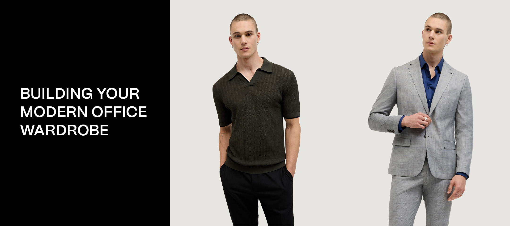 Modern office wear for men featuring a polo with tailored pants and a light grey suit, illustrating business casual and smart casual work outfits